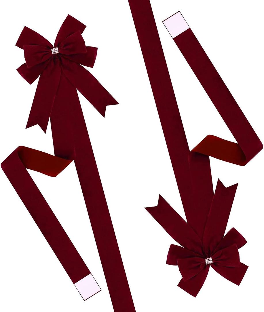 Meseey 6 Pieces Christmas Cabinet Bows Adjustable Straps Large Burgundy Velvet Cabinet Door Bows for Xmas Kitchen/Garage/Farmhouse Decor(Burgundy)