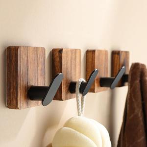 DELITON Towel Hooks for Bathrooms, 4 Pack Adhesive Wood Hooks for Hanging Robes, Towels, Coat, Key, Decorative Wall Utility Hook Heavy Duty