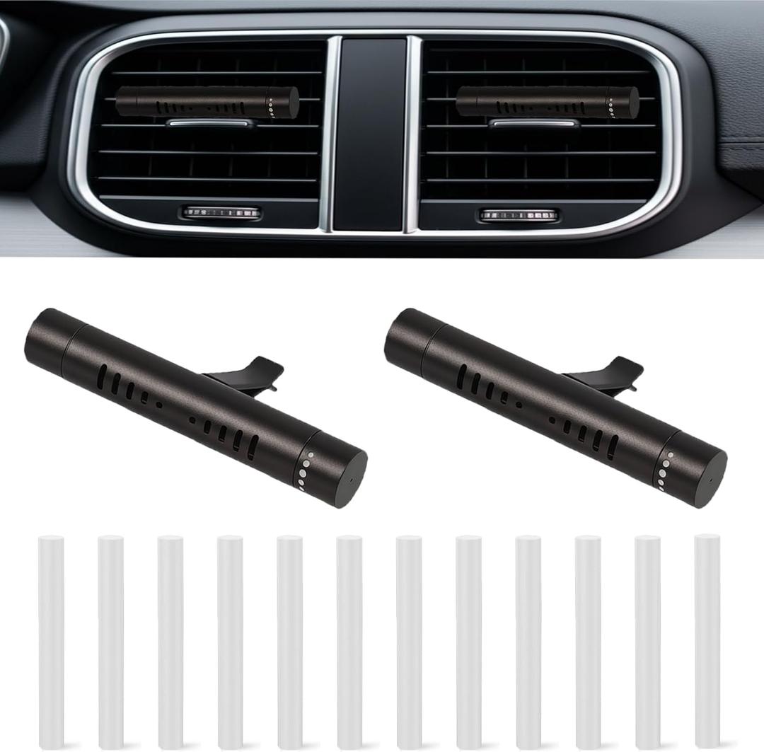2 x 2 Pcs Car Air Essential Oil Diffuser Vent Clip with 12 Pcs Odorless Refill Sticks, Premium Aluminum Air Freshener Diffuser Suitable for Cars, Office, Kitchen (Black, 2 Pcs)