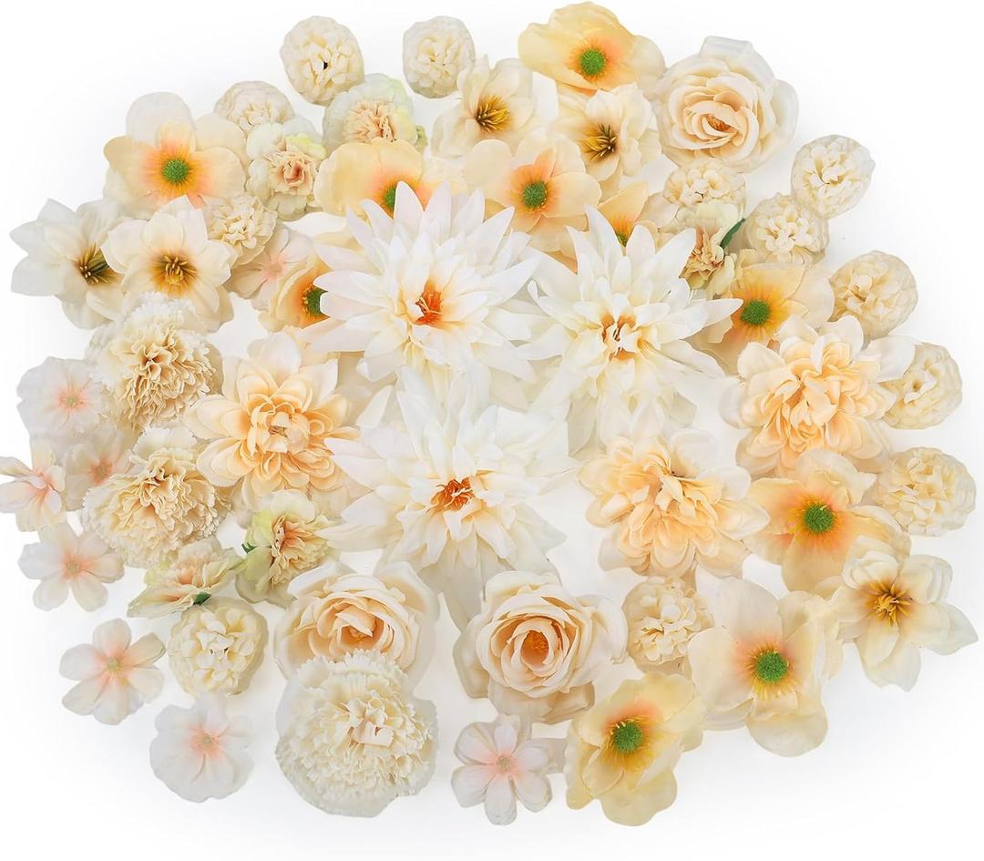 56 Pcs Fake Flower Heads Bulk for Crafts, Artificial Flower for Graduation Cap - Faux Mini Fabric Rose Daisy Hydrangea Carnation Mix for DIY Garland Cake Topper Party Decoration - Champagne