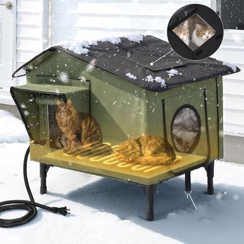 Petempo Heated Cat House for Outside Weatherproof in Winter, Large Insulated Feral Cat Shelter with Pet Heating Pad for Multi Kittens Puppies, UL Certified, Elevated Base with Chew-Resistant Cord (20"x16")