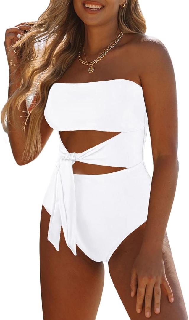 Viottiset Women's Bandeau One Piece Swimsuit Strapless Tie High Cut Out Bathing Suit (Large, White)