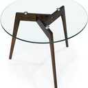 Round Tempered Glass End Table, Round Mid Century Coffee Table, Minimalist Small Coffee Table for Small Spaces Living Room Office, with Triskele Walnut Wood Legs (23.6" D x 17.7" H)