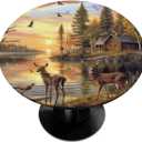 Round Tablecloth Autumn Forest River Birds Deer Fitted Table Cloth with Elastic Edge Waterproof Spill Proof Elastic Table Cover for Kitchen Party Decor, Fit 36-42In Round Tables