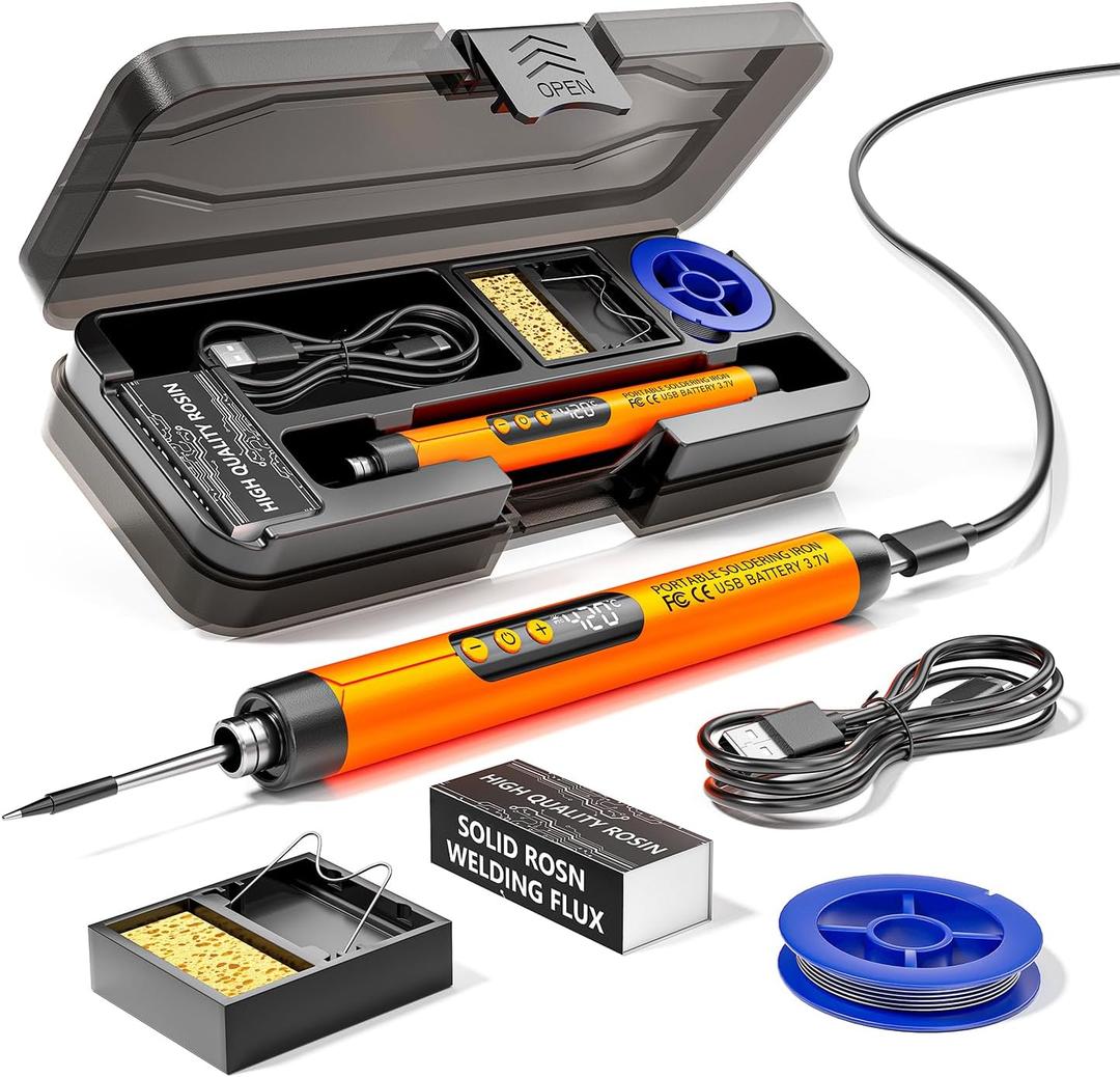 Cordless USB Rechargeable Portable Soldering Iron, 3-speed Temperature Adjustable, Heating Core, Soldering Iron Cord, Rosin, Soldering Iron Stand, Storage Case (Orange)