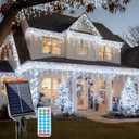 Solar Christmas Lights Outdoor 640LED 16Ft+60Ft, Solar Icicle Lights Waterproof with 13 Modes Rechargeable for Outside Roof Fence Christmas Decorations (Cool White)
