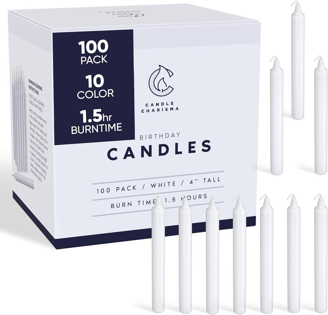 Candle Charisma 100 White Spell Candles - 4" Unscented Paraffin Chime Candles, Smokeless & Dripless, Colored Candles, 1.5 Hours Burn Time 0.4" Thick Taper Candles for Rituals, Witchcraft and Parties (Pack of 100, White - Most Popular)