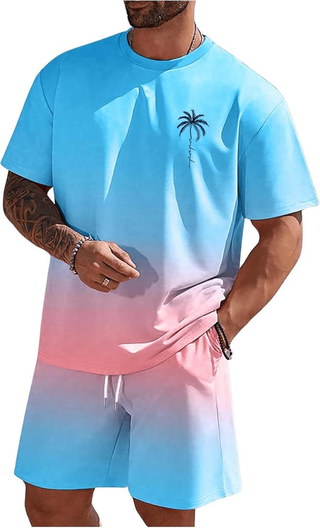RoseSeek Men's Short Sets 2 Piece Outfits Tropical Graphic Tees and Shorts Sets Beach Vacation Outfits (XX-Large, Blue and Pink)