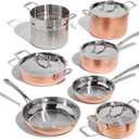 Lagostina Martellata Tri-ply Hammered Copper 11 PC Pots and Pans Cookware Set, Copper