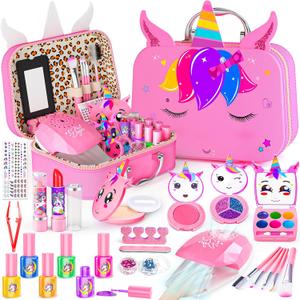 Kids Makeup Kit for Girl - 2 in 1 Kids Washable Makeup Toys & Nail Art Kit with Nail Dryer and Storage Case, Real Girl Makeup Set Birthday Gifts Toys for 3 -12 Year Old Girls, Pink