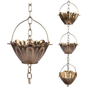 8 ft Copper Plated Rain Chain for Outside Downspouts, Adjustable Rain Catcher for Garden Gutters, Decorative Metal Hanging Flower Spiral Rain Bells, 12 Lotus Cups, Brass Color