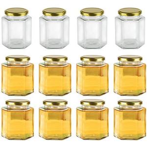 Encheng 16 oz Clear Hexagon Jars,Glass Jars With Lids(Golden),Mason Jars For Honey,Foods,Jams,Liquid,Spice Jar Herd Jar Canning Jars For Storage 12 Pack