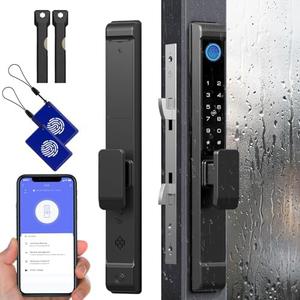 Sliding Glass Door Lock, Eseesmart Sliding Door Smart Lock with Fingerprint Code Keypad RFID Card Bluetooth App Key, Electronic Digital Biometric Keyless Entry Patio Door Lock with Handle