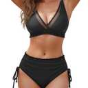Blooming Jelly Womens Bikini Sets Push Up Two Piece Swimsuit Mesh Modest Bathing Suits Mid Rise Bottom (Large, Black)