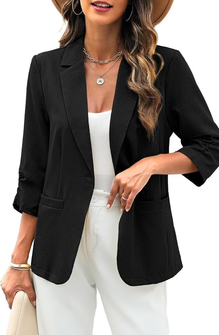 ELLEVEN Women's Linen Blazer 3/4 Ruched Sleeves, Lightweight Slim Fit Jackets with Pockets Half Lining (Black, Small)