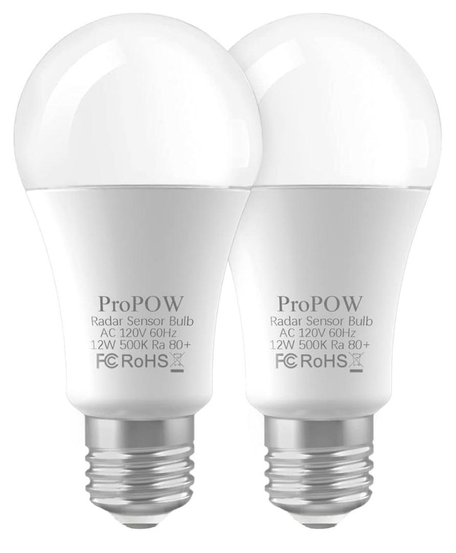 Radar Motion Sensor Light Bulbs, A19 12W (100 Watt Equivalent) Daylight E26 Outdoor Auto on/Off Motion Detector Lights for Outside, Porch, Garage, Driveway, Patio, (1100LM, 2-Pack)