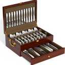 Walnut Silverware Storage Box,Silverware Flatware Case with Felt Lined,Flatware Storage Box for 12 sets of Utensils,Silverware Chest without Silverware,Silverware Organizer with Lid