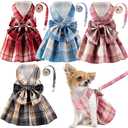 Potchen 4 Pcs Cute Plaid Dog Dress Set with Bow Tie Harness & Leash for Small Dogs, Puppy Clothes for Girls Outfits (M,Dark Color)