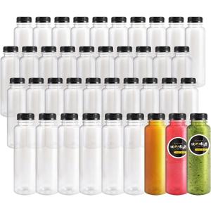 40pcs 12oz Plastic Juice Bottles with Caps, Empty PET Disposable Plastic Bottles, Clear Bulk Drink Containers with Black Tamper Evident Lids for Juicing, Drinking and Other Beverages