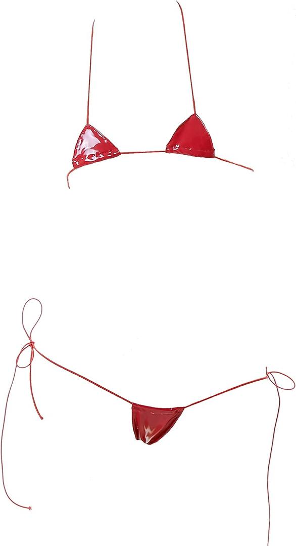 JasmyGirls Leather Micro Bikini Extreme Anime Lingerie Sexy Cosplay Outfit Japanese Bra Panty Set Two Piece Thong Swimsuit (X-Small - X-Large, Red)