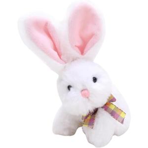 Fluffy Easter Bunny Stuffed Animal with Bow Plush Bunny Toy Cute Huggable Rabbit for Kids & Adults on Easter 6-inch (White)