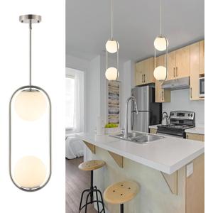 Modern Globe Pendant Light 2-Lights Brushed Nickel Chandelier Mid Century Ceiling Hanging Lighting Fixture White Globe Glass Shades for Kitchen Island Dining Room Bedroom