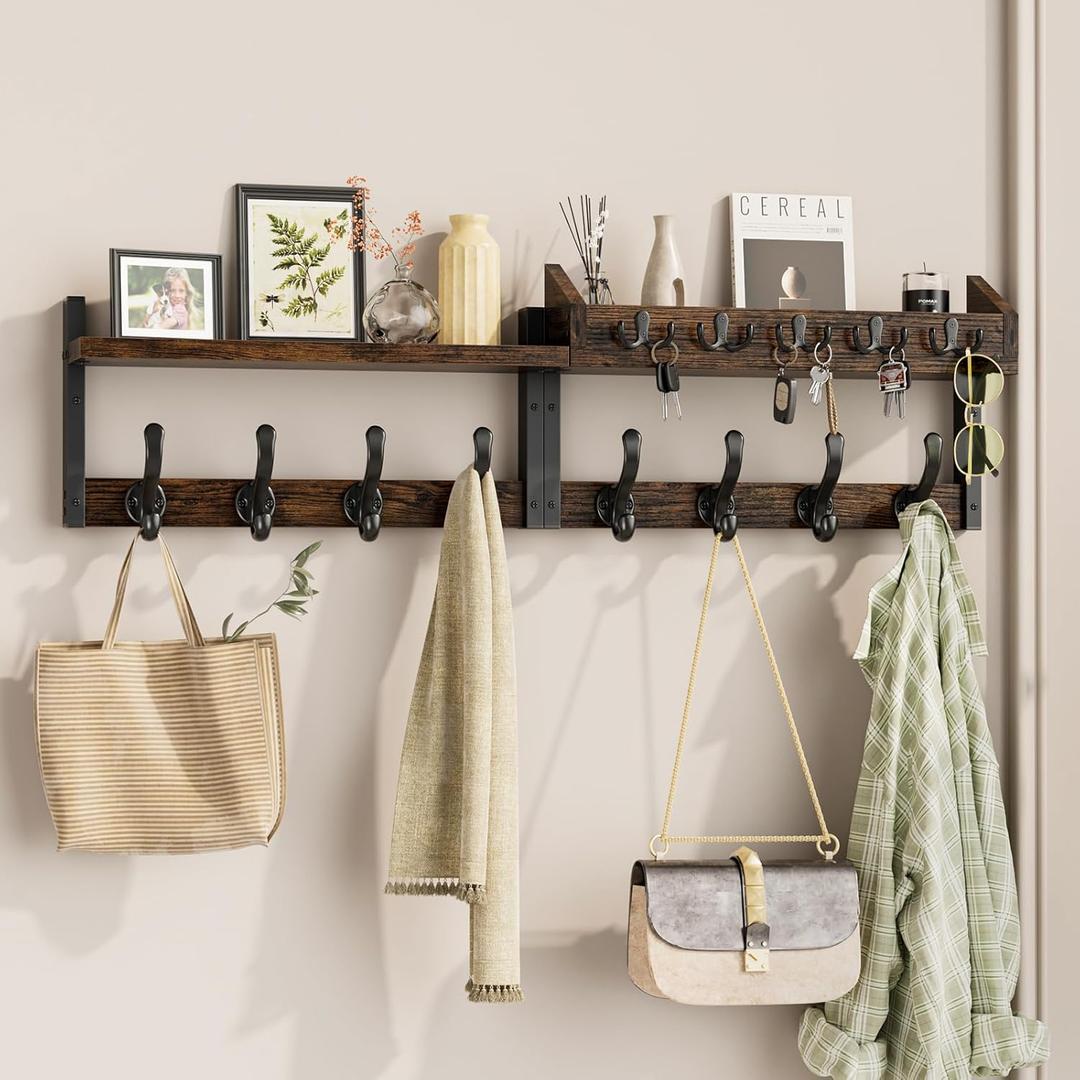 Evermagin 35" Coat Rack Wall Mount with Shelf, 4 in 1 Coat and Key Hanger with 13 Metal Hooks, Entryway Wall Mounted Shelf with Mail Holder for Living Room, Bedroom, Rustic Brown
