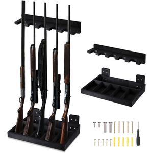 1 Set Wooden Vertical Gun Rack Wall Mount Indoor Hold up to 5 Long Guns Shotguns Rifle Racks Display Holder Stand for Firearms Display Storage Home Accessories Office (Black)