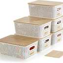 Small Plastic Storage Bins with Bamboo Lids 5.2qt Stackable Box Basket Pantry Decorative Containers Cute with Lable for Organizing Desktop Closet Office Cream White of 6 packs 10x7.2x4.1'