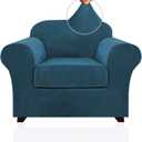 PrinceDeco Velvet Plush Couch Cover Stretch 2 Piece Chair Cover Chair Slipcover Washable Furniture Protector Couch Soft with Elastic Bottom Armchair Cover Width Up to 49 Inch(Small, Deep Teal)