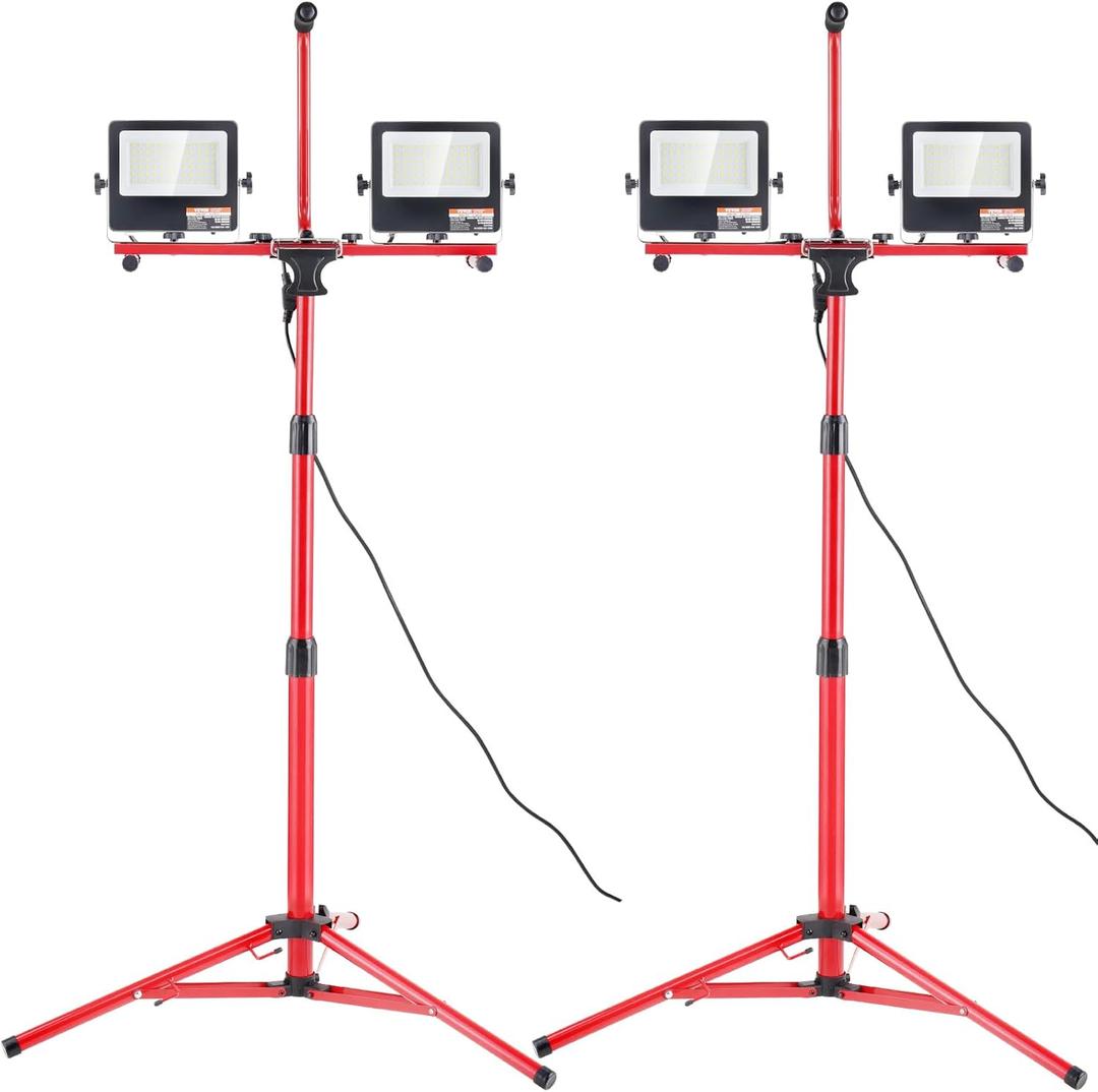 VEVOR LED Work Light with Stand, 2PCS 10000 Lumen Dual-head LED Work Light with 27.6"-68.1" Adjustable and Foldable Tripod Stand, IP65 Waterproofed LED Tripod Work Light, with 5000 K Color Temperature