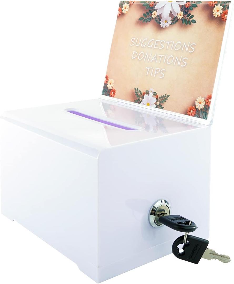 Donation Ballot Box with Lock - Secure Suggestion Box Perfect for Business Cards (white)