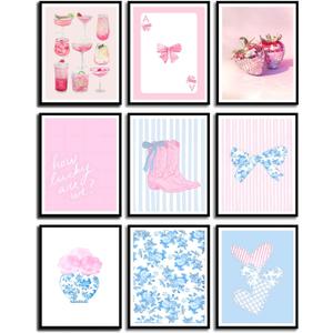 9Pcs Pink Bows Canvas Wall Art Trendy Coquette Bow Cute Cat Wall Decor Pictures Disco Ball Preppy Girly Boots Posters Prints for Bathroom Gallery Dorm Living Bedroom Decoration Unframed (Blue Bows, 8x10inx9pcs)