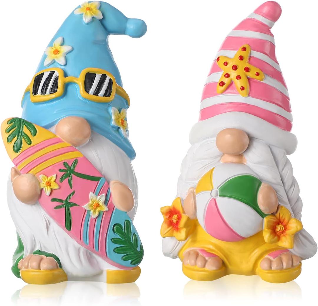 FairySandy 2 Pieces Summer Gnomes Beach Decorations Mini Gnomes Resin Figurines Set Decor Collectible Tabletop Kitchen Decorations for Home Kitchen Farmhouse Office