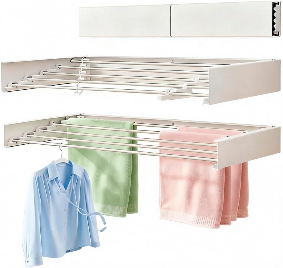 Wall Mount Clothes Drying Rack 32", 50lbs Capacity, Foldable White