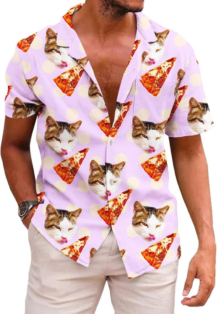 KYKU Men's Casual Button-Down Shirts Hawaiian Shirt Short Sleeve Beach Clothes with Pockets (Pink, XXXL)