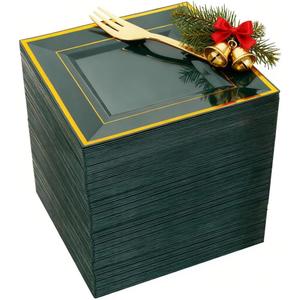 WDF 200PCS Green and Gold Plastic Dessert Plates with Plastic Forks -6 100 Square Disposable Appetizer Plates Small Plates Cake Plates with Gold&100 Green Small Appetizer Forks for Christmas