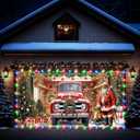 ROCKY&CHAO Christmas Garage Door Decorations 6x13ft Santa Red Truck Garage Door Cover, Garage Door Banner Garage Door Backdrop for Christmas New Year Party