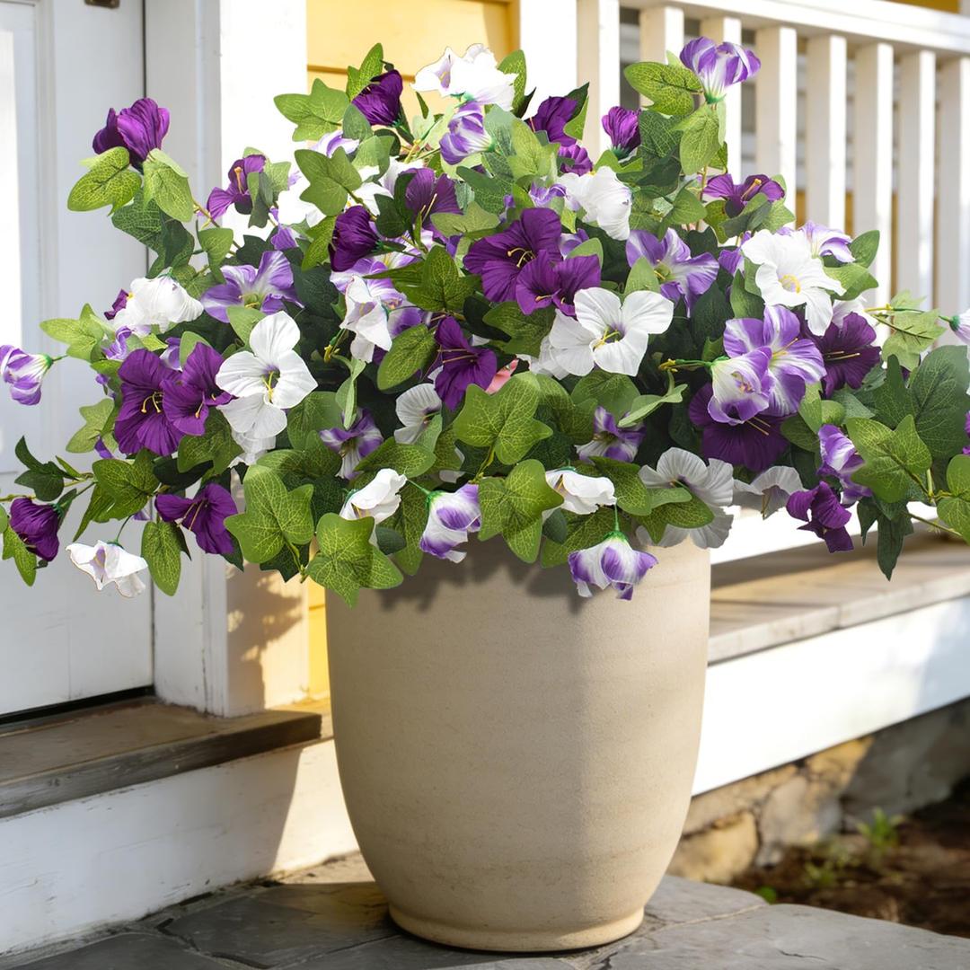 Grunyia Artificial Petunia Flowers - UV Resistant Realistic Faux Silk Petunias for Indoor Outdoor Garden Porch Balcony Yard Home Decor, Fade-Proof Fake Flower Arrangements (White+Purple)