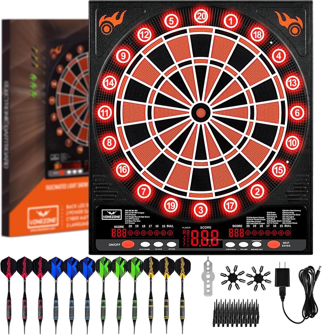 Electronic Dartboard with LED, Electric Dart Boards for Adults,Electronic Scoreboard, Improved Version Light-Up Led Display, 12 Darts Soft Tip Professional Dart Board and Extra Tips, Up to 8 Players, Conventional
