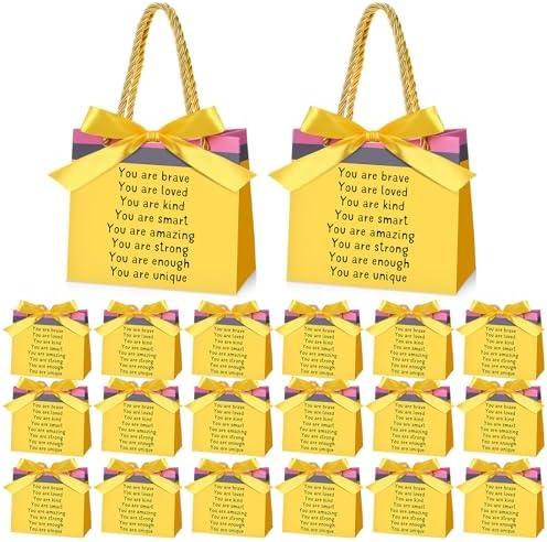 Kolldenn Inspirational Gift Bags with Handle for Students Motivational Candy Bags Bulk Yellow Welcome Back Paper Handbag with Ribbon Teacher Classroom Party Decoration, 5.51 x 2.56 x 4.72''(48 Pcs)