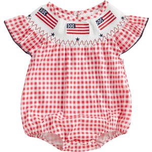 4th of July Baby Girl Outfit Flag Embroidery Smocked Bubble Romper Ruffle Bodysuit Cute Summer Clothes, Size 70