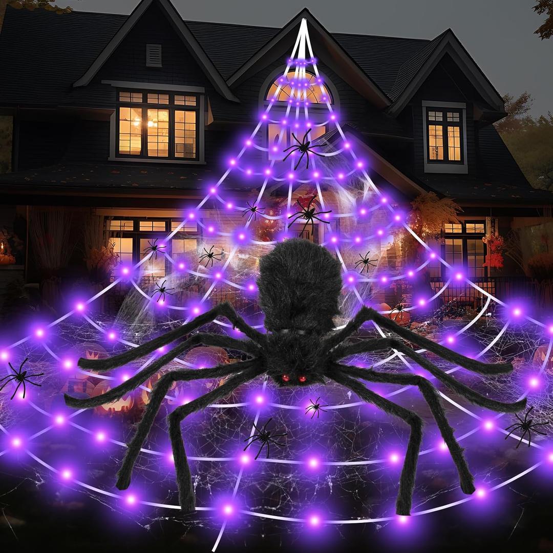 Spider Webs Halloween Decorations Outdoor Lights, 250 LED 16.4ft Halloween Spider Web Lights with 6.5ft Giant Spider,8 Modes, Waterproof Outdoor Decoration Indoor Party Garden Home Costumes