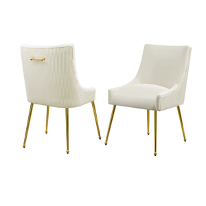 Velvet Dining Chairs Set of 2 with Gold Legs, Upholstered Accent Chairs, Pleated Back & Gold Pull Handle, Mid-Century Modern for Dining Room, Kitchen, Living Room, Beige