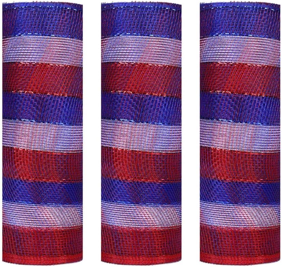 3 Rolls Red White Blue Stripe Deco Mesh Ribbon for Patriotic Wreath Making Supplies, 10 Inch x 30FT Metallic Foil Burlap Deco Mesh Fabric for DIY Crafts Door Wreath Swags and Decorating