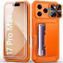 for iPhone 17 Pro Max Case Wallet with Screen Protector (Tempered Glass), Card Holder (4-5 Cards), Military Grade Drop, Slide Camera Cover, Heavy Duty Women Men Case for iPhone 17 Promax, Orange