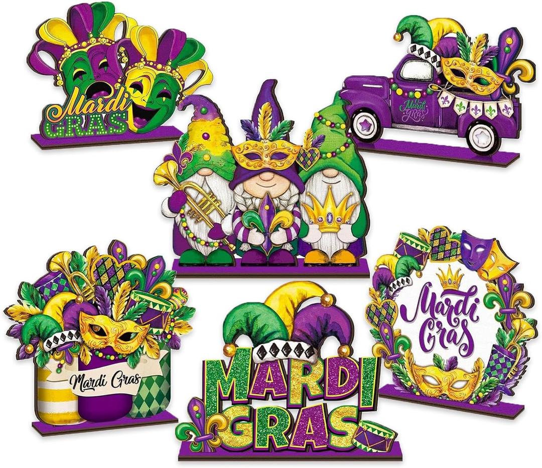 Mardi Gras Table Decorations  6Pcs Wooden Carnival Table Centerpieces, Rustic Masquerade Wood Tabletop Signs, Colourful Mardi Gras Decor for Home, Kitchen, Office Desk, Farmhouse Tiered Tray
