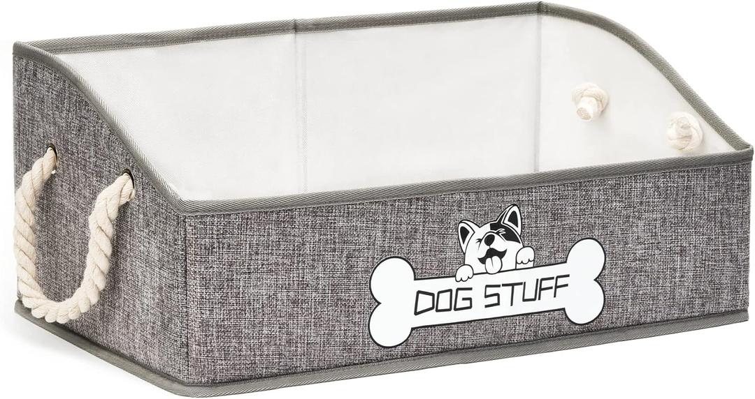Collapsible Fabric Dog Toy Box and Storage Bin With Handle - Trapezoid Basket Chest Organizer for Pet Toys, Blankets and Accessories (Grey)