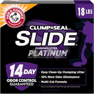 ARM & HAMMER Clump & Seal SLIDE Platinum Multi-Cat Clumping Cat Litter, 14-Day Odor Control, EZ Clean Technology, 18 lbs  No Scrubbing, Powerful Odor Eliminator