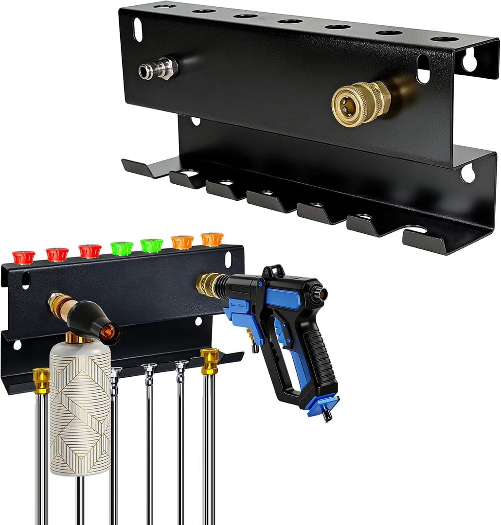 Wall-Mounted Pressure Washer Gun Holder - Universal 1/4" Quick Connect Rack for Gun, Foam Cannon & Nozzles | Rustproof Metal Storage for Garage, Car Wash, Garden(C-PWGH-S)